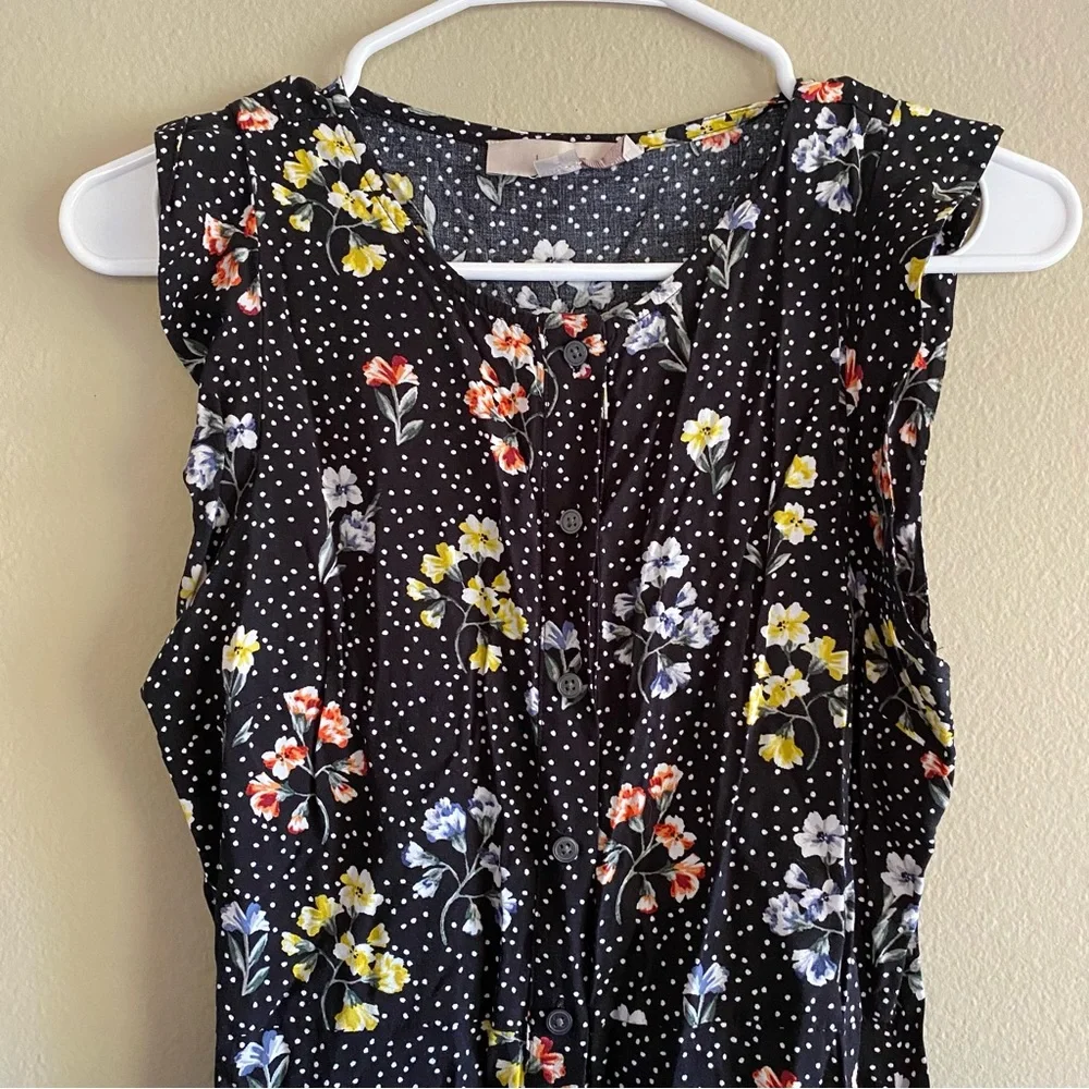 Ann Taylor LOFT Petites Floral Polka Dot Button Down Flutter Dress Black White - Picture 3 of 3